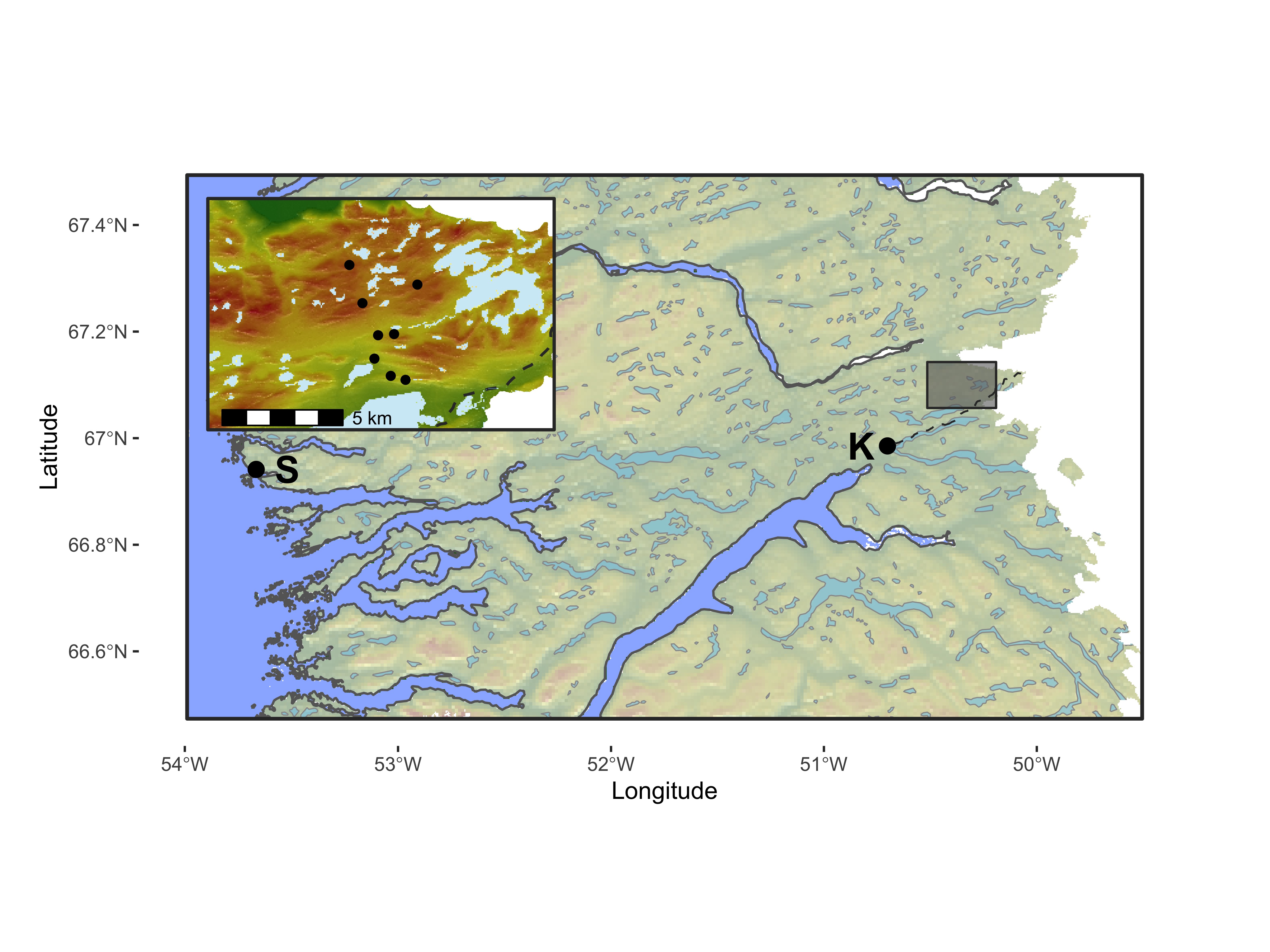Map of study site at the calving range of the Kangerlussuaq-Sisimiut Caribou Herd.